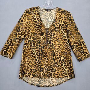 Express Brown Black Cheetah Print Shirt Stretch 3/4 Sleeves Zip V-Neck Womens XS